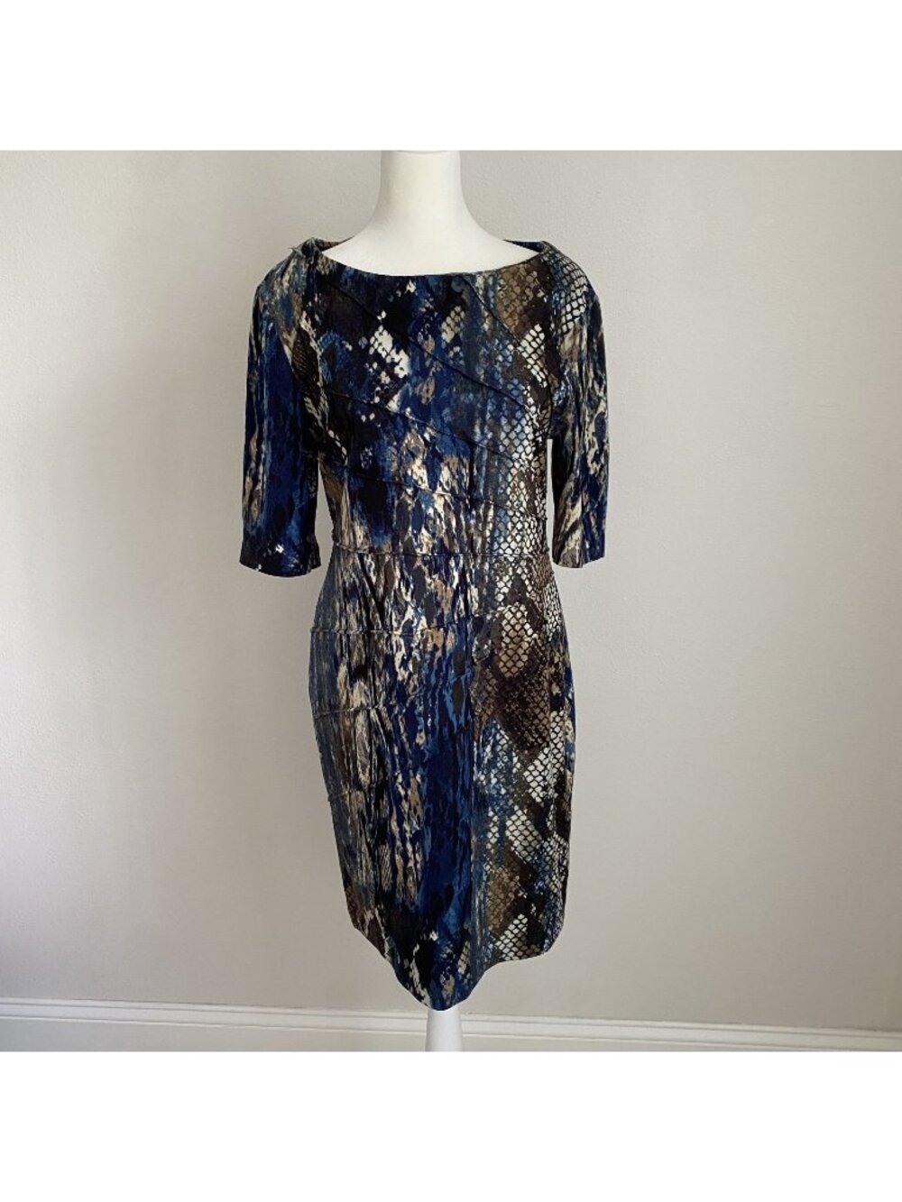 Connected Petite Womens 8P Blue Brown Snake Print Jersey Knit Sheath Dress - Picture 1 of 12